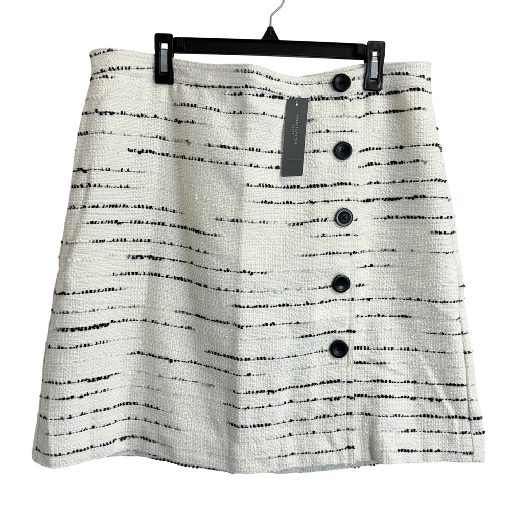 NEW Ann Taylor Petite 16P Tweed Button Front Mini Skirt White Black Striped